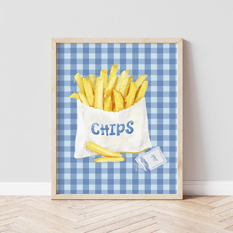 Bag of Chips on Gingham A4 Art Print
