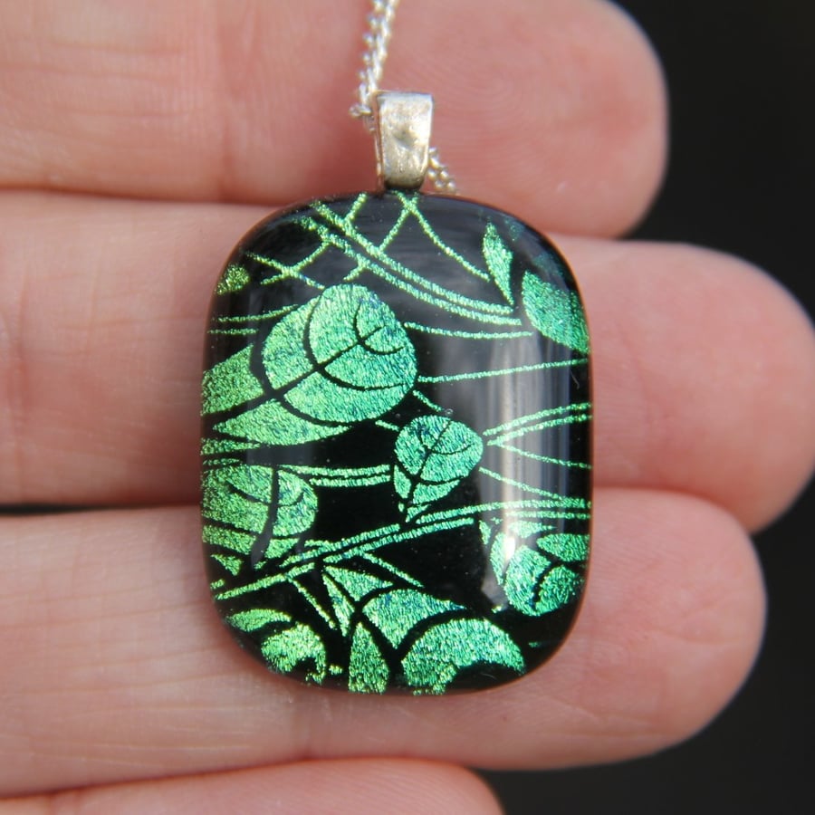 Fresh Green Leaves Dichroic Glass Pendant Necklace:  Fused Glass pendant F17