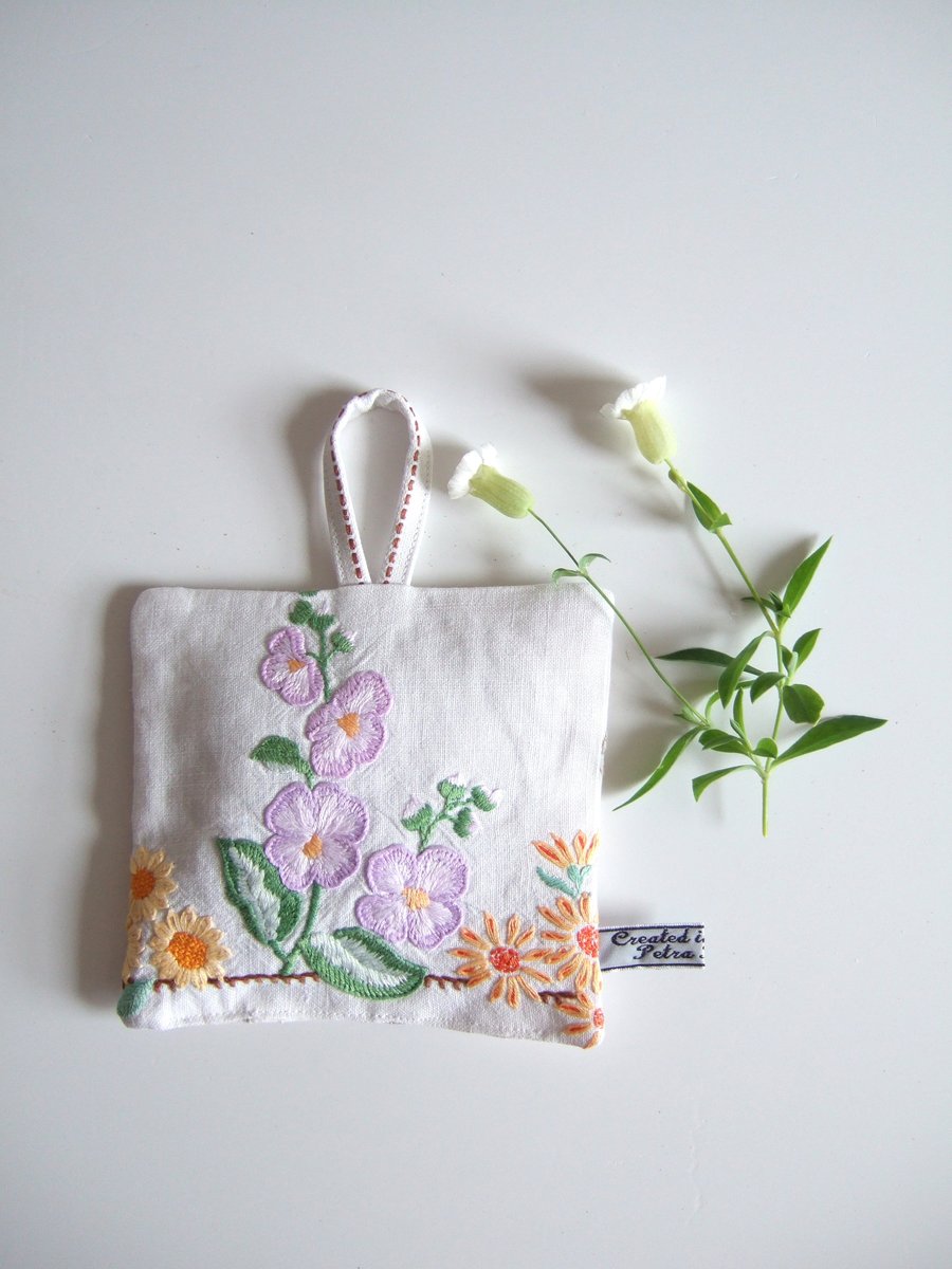 Large vintage embroidery floral lavender bag or pouch with Yorkshire lavender. 