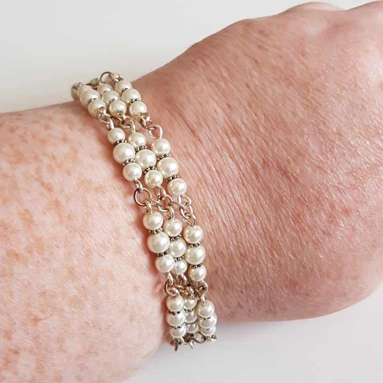 Three Strand White Pearl Bracelet with Sliding Clasp