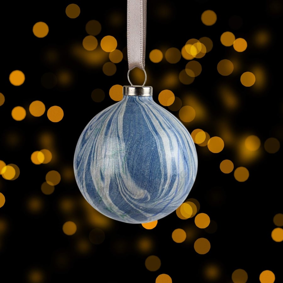 Blue and silver marbled 5cm round ceramic Christmas bauble 