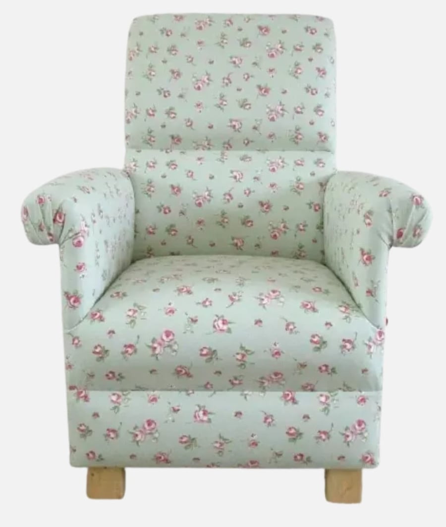 Clarke Rosebud Sage Green Fabric Adult Armchair Floral Chair Pink Roses Bedroom