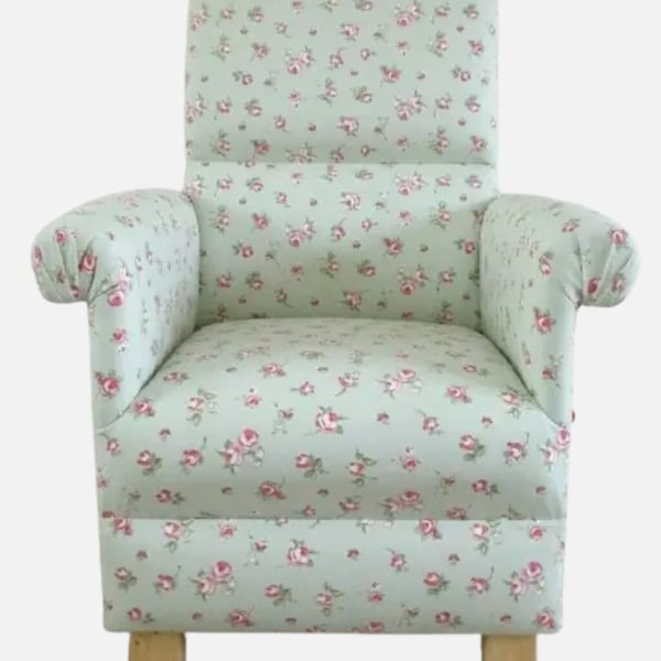 Clarke Rosebud Sage Green Fabric Adult Armchair Floral Chair Pink Roses Bedroom