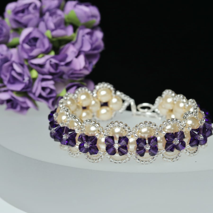 Cream Pearl and Deep Purple Crystal Bracelet