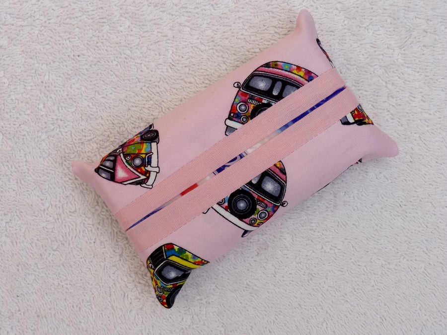 Travel Tissue Holder in Pink VW camper  Print Cotton Fabric.