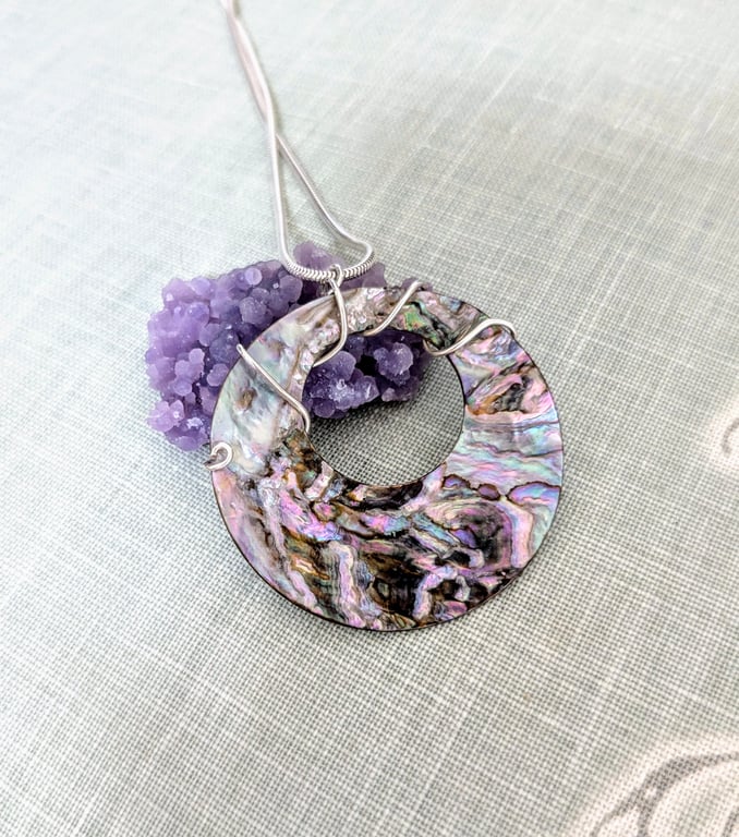 Abalone Shell Pendant on Long Sterling Silver Necklace
