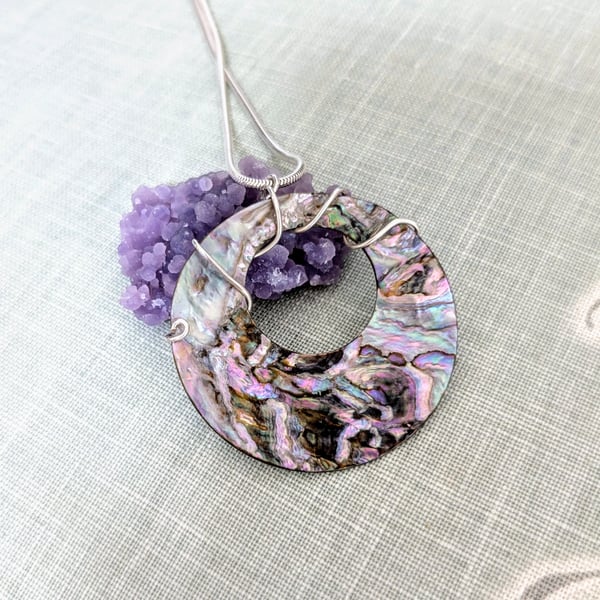 Abalone Shell Pendant on Long Sterling Silver Necklace