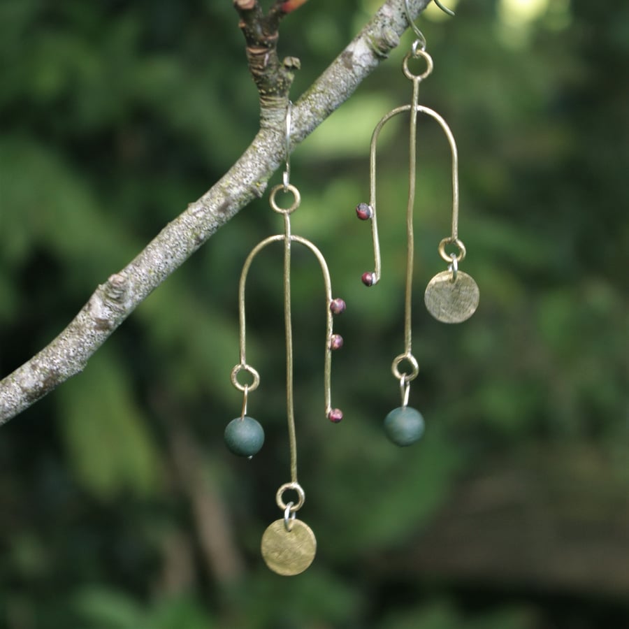 Very Long Brass Mismatched Statement Earrings with Green Agate & Copper