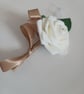 White foam rose buttonholes with gold ribbon details