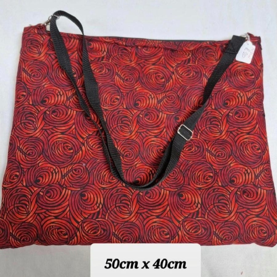 Handmade Padded & Lined Computer Tote Bag in Red & Black Spiral Cotton, 50 x 40 