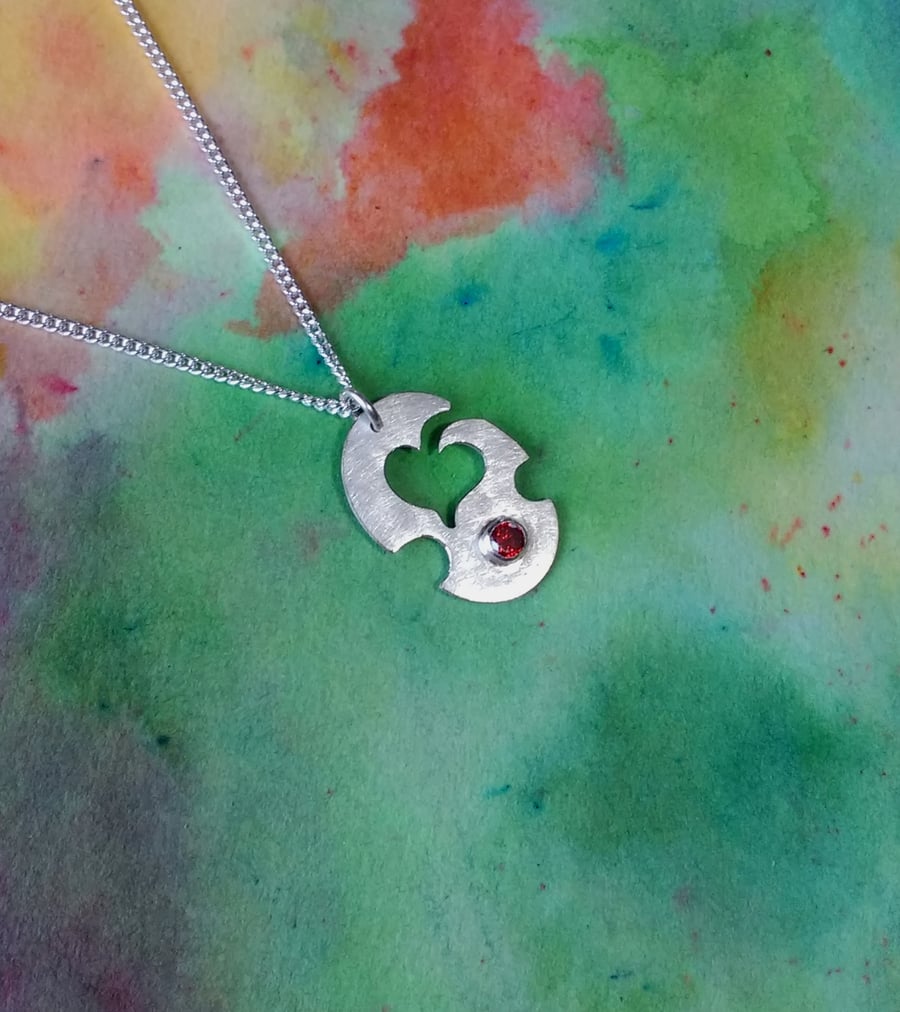 Unique Heart Apple Silver Pendant with 3mm African Garnet, Sterling Silver Chain