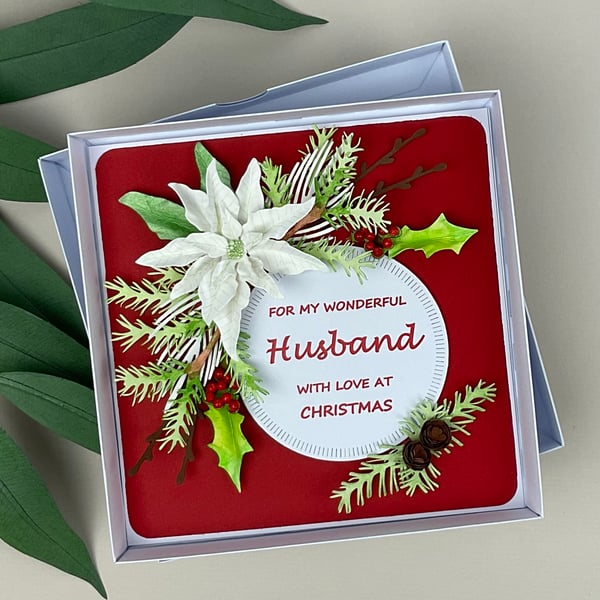 Handmade 3D Poinsettia Christmas Card for Husband, Luxury, Floral, Boxed