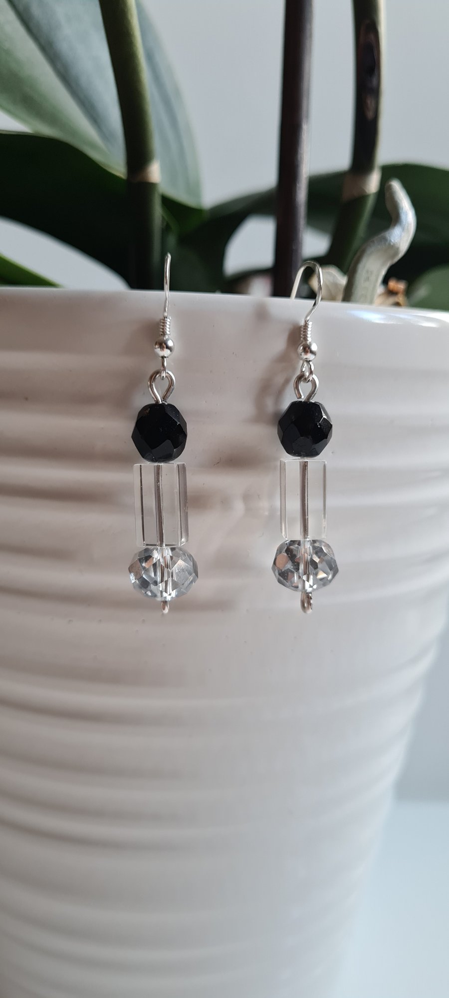 Handmade Elegant 925 Silver & Black Glass Dangle Earrings Gift Boxed Jewellery