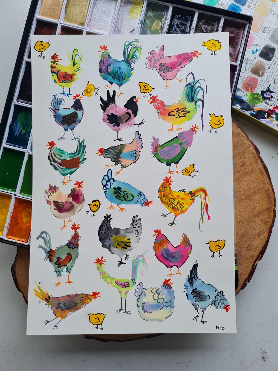 Whimsical Chicken Art, Hand-Painted Watercolour