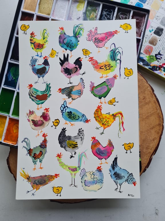 Whimsical Chicken Art, Hand-Painted Watercolour
