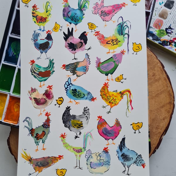 Whimsical Chicken Art, Hand-Painted Watercolour