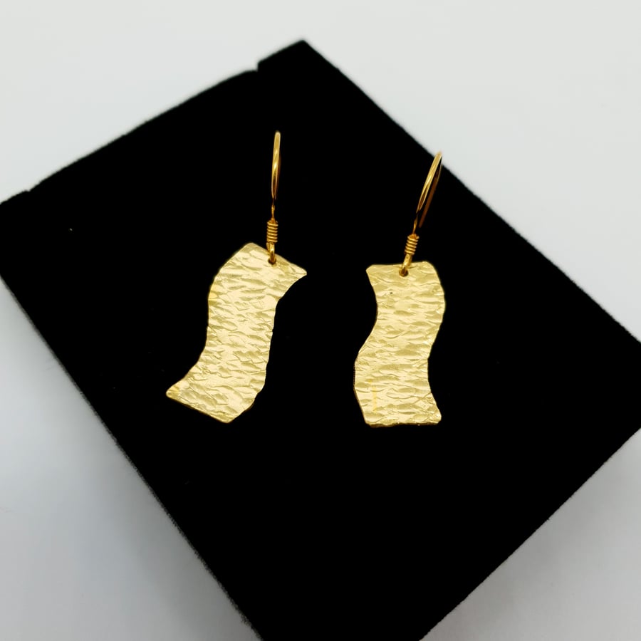 Golden Brass Hammered Dangle Earrings Wave Form Gold Plated Sterling Ear Wires