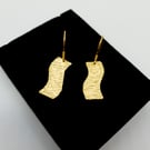 Golden Brass Hammered Dangle Earrings Wave Form Gold Plated Sterling Ear Wires