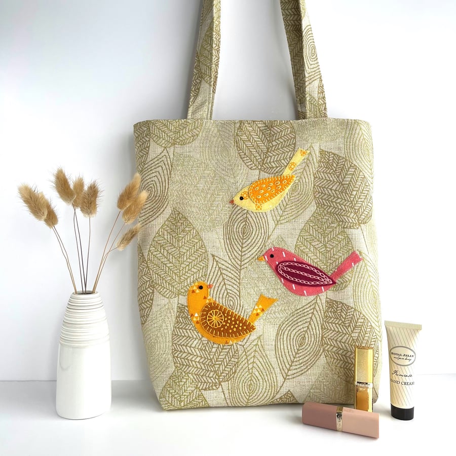 Tote Bag with Folk Art Style Birds