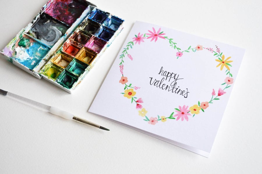 Valentines day card, happy valentines, floral card, hand painted, love card, 