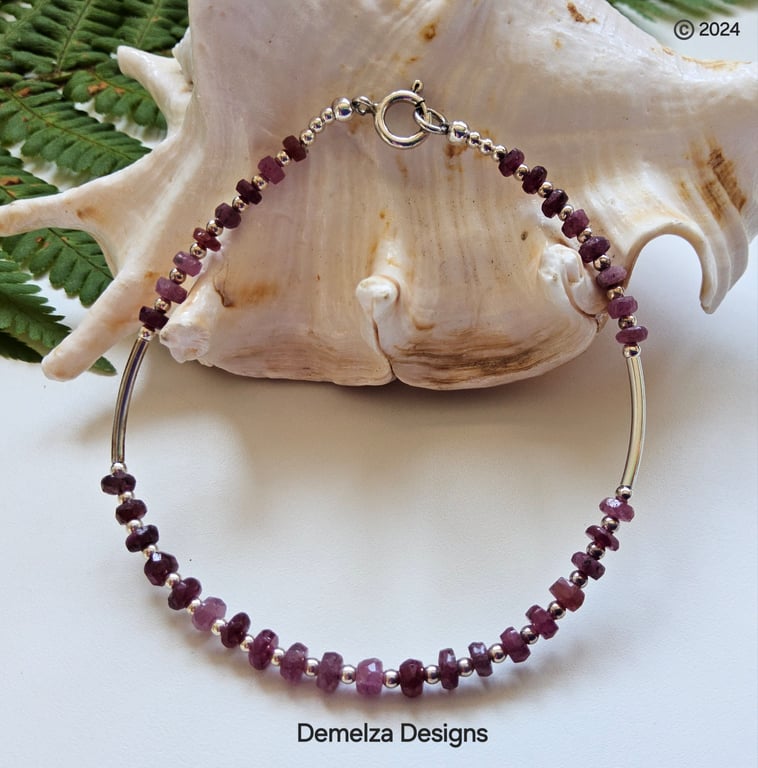 Dainty African Genuine Ruby Sterling Silver Bracelet
