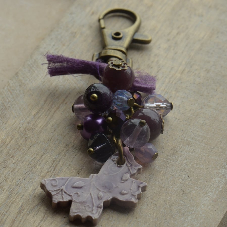 Purple Ceramic Butterfly & Glass Bead Bag Charm Keyring with Sari Silk Ribbon