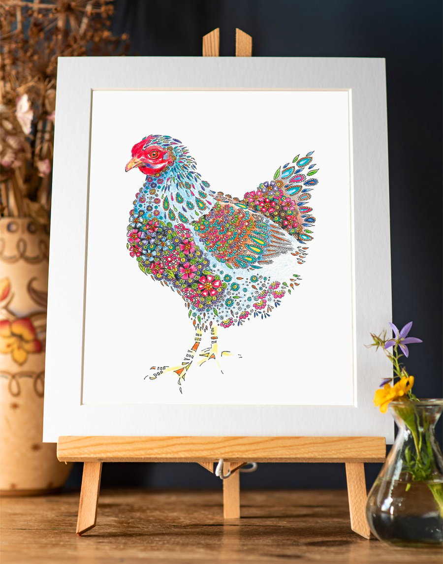 Fleur the Chicken mounted, ready to frame print 