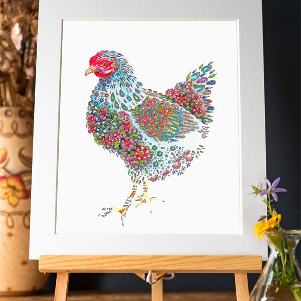 Fleur the Chicken mounted, ready to frame print 