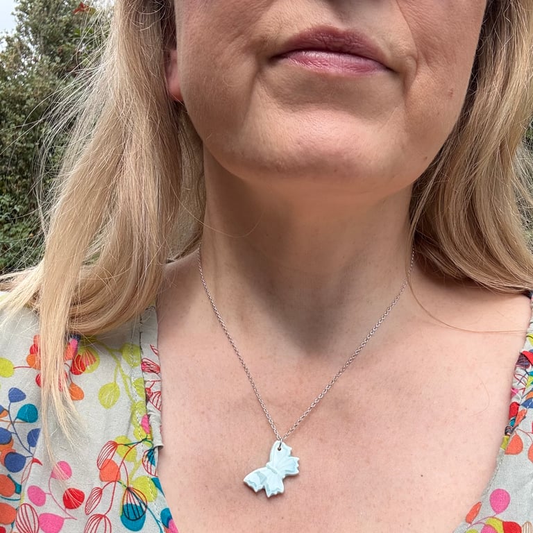 Blue Glazed Porcelain Butterfly Charm on Sterling Silver Belcher Chain