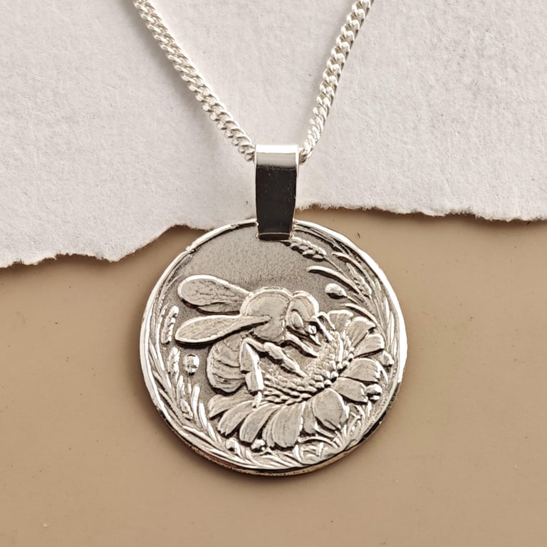 Bee Engraved Sterling Silver Coin Necklace