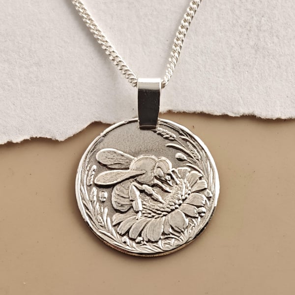 Bee Engraved Sterling Silver Coin Necklace