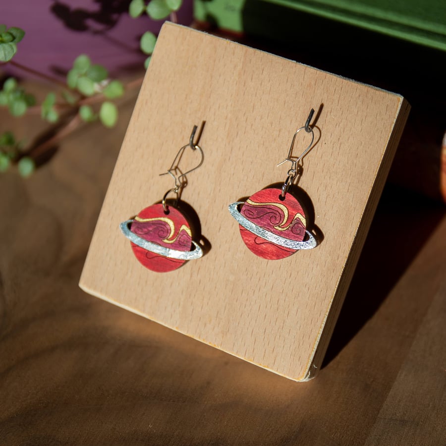 Celestial Silver Ringed Planet Earrings - Laser cut and hand painted