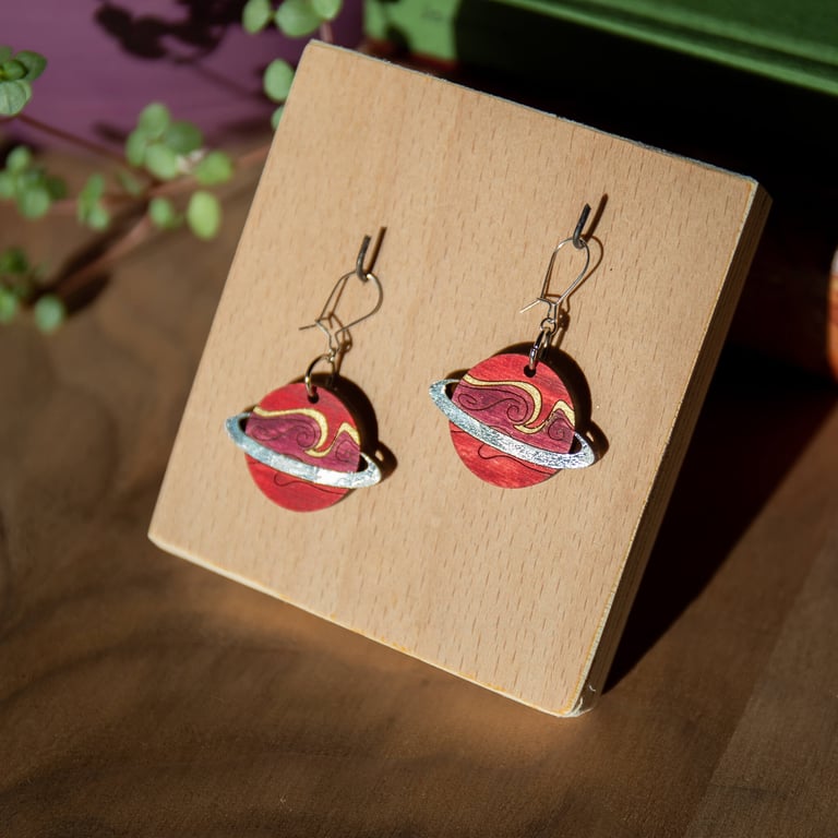 Celestial Silver Ringed Planet Earrings - Laser cut and hand painted