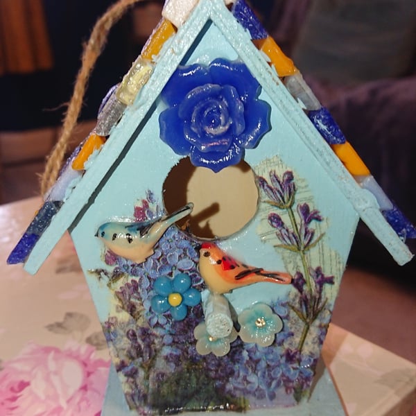 Small Decorative Blue Birdhouse with mosaic roof