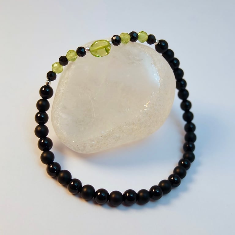 Peridot, Spinel & Onyx Bracelet, August Birthday, Anniversary, Gift For Leo.