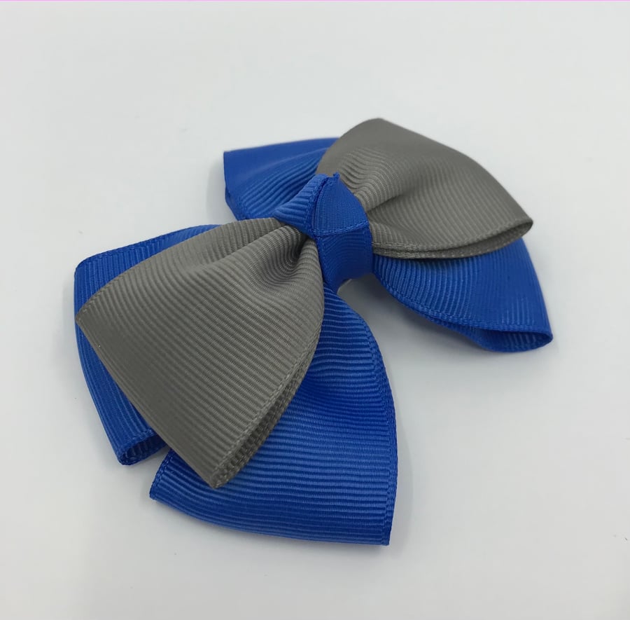 Royal Blue and Grey Top Knot Bow on Clip