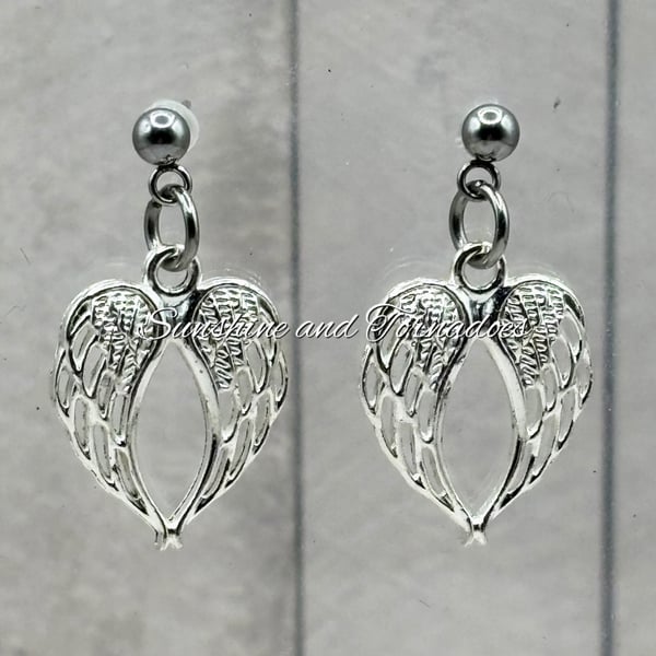 Double Angel Wing Earrings. Hypoallergenic. Memorial Gift. Gift for Her. 