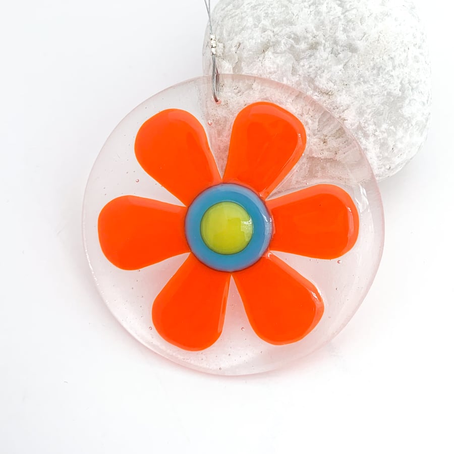 Circular Retro Orange Flower Hanging - Handmade Glass Suncatcher