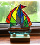 Stained Glass Sailboat On Wooden Stand Rainbow Yacht  Handmade gift  - Image 3