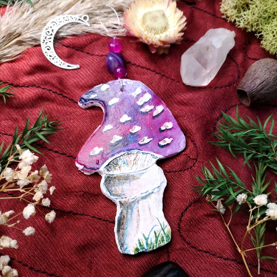 Magenta Hanging Clay Mushroom. 