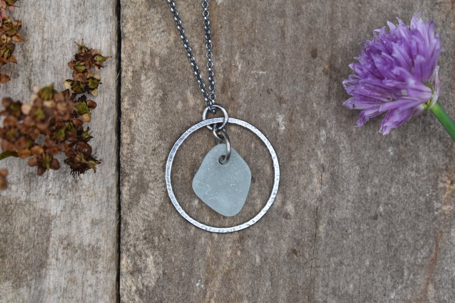Sea Glass and Recycled Sterling Silver Necklace, White Scottish Sea Glass