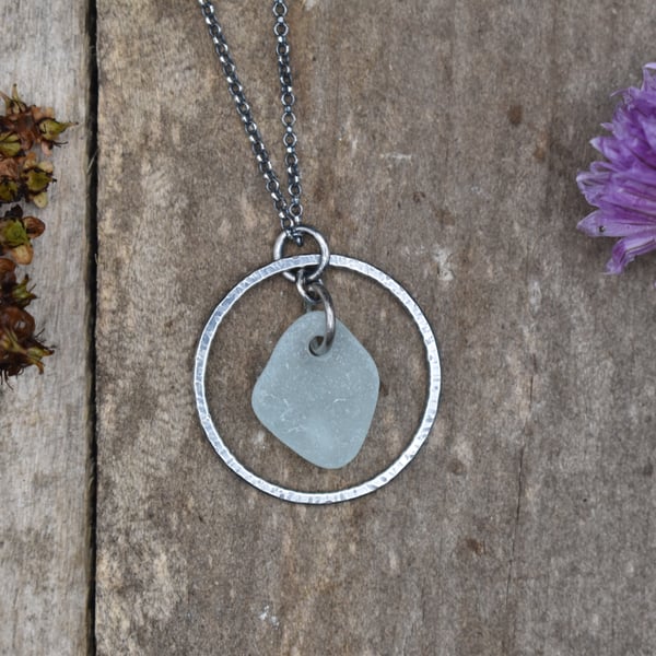 Sea Glass and Recycled Sterling Silver Necklace, White Scottish Sea Glass