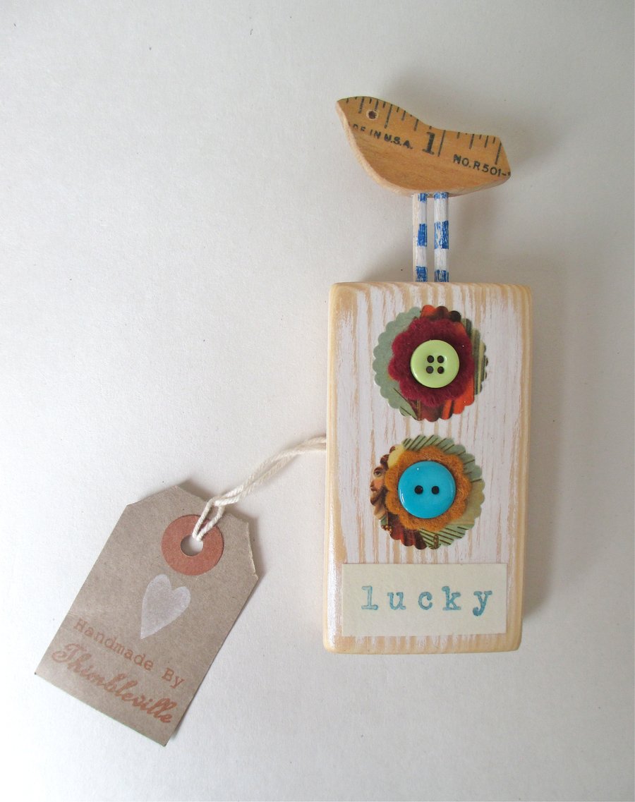 Sale-was 12.00 now 6.00 Wooden Bird Hanging with Button Flowers