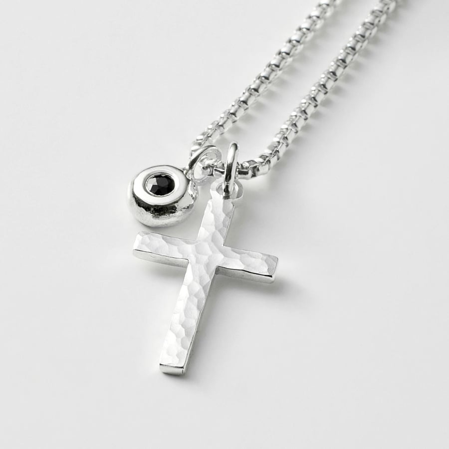 Sterling silver small size hammered cross and black sapphire nugget necklace