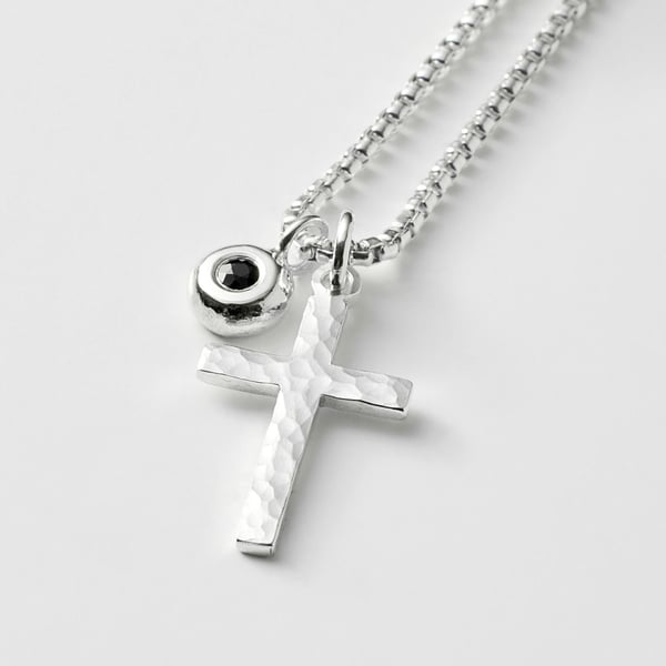 Sterling silver small size hammered cross and black sapphire nugget necklace