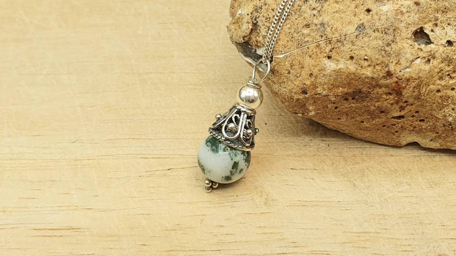 Minimalist tree agate cone pendant necklace. Reiki Charged.