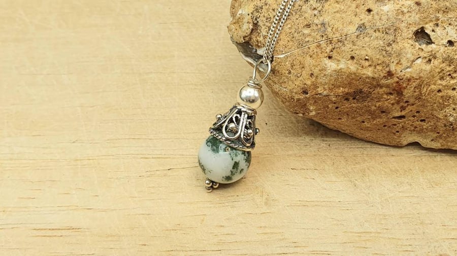 Minimalist tree agate cone pendant necklace. Reiki Charged.