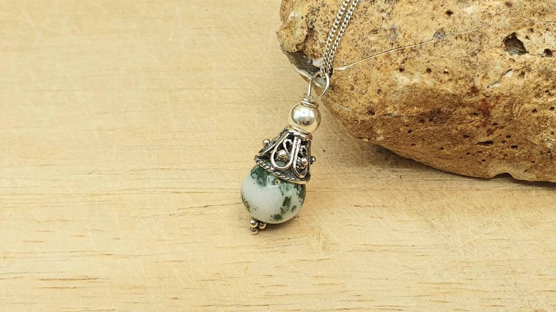 Minimalist tree agate cone pendant necklace. Reiki Charged.