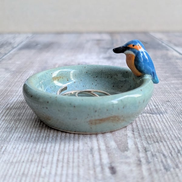 Very small ring dish with kingfisher, turquoise glaze