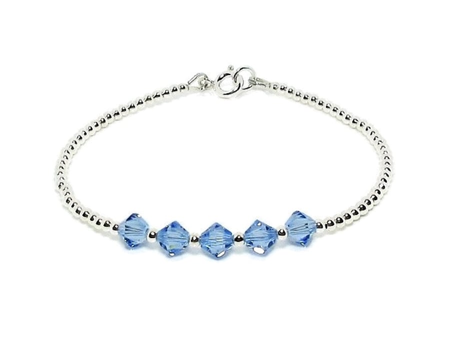 Sparkly Light Blue Sapphire Crystals & Sterling Silver Dainty Beaded Bracelet